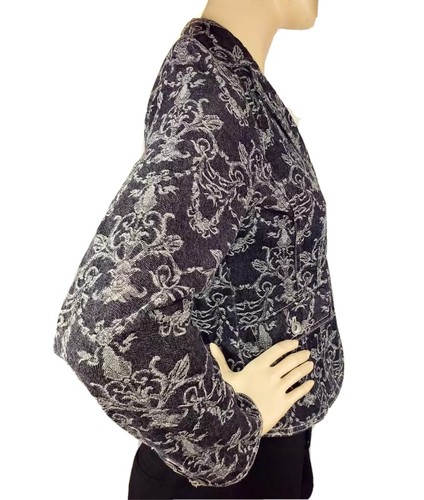 Black Denim Blazer Womens Size 6 Damask Notch Lapel Vented 100% Cotton City Chic - Picture 6 of 6