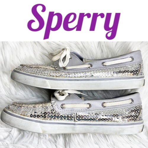 SPERRY TOPSIDER Bahama Silver Sequin Boat Shoe, Size 7 - Picture 3 of 12