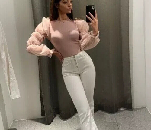 ZARA Pink Ribbed Knit Contrast Organza Puff Sleeve Blouse Top M 2142/021/687 - Picture 13 of 15