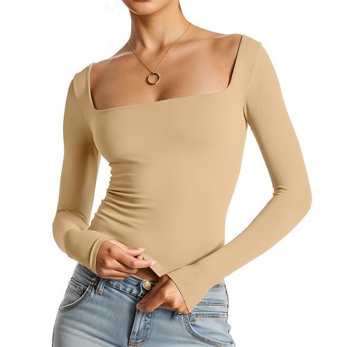 Womens Sexy Long Sleeve Crop Top Square Neck Double Lined Basic Slim Fit T Shirt - Picture 12 of 15
