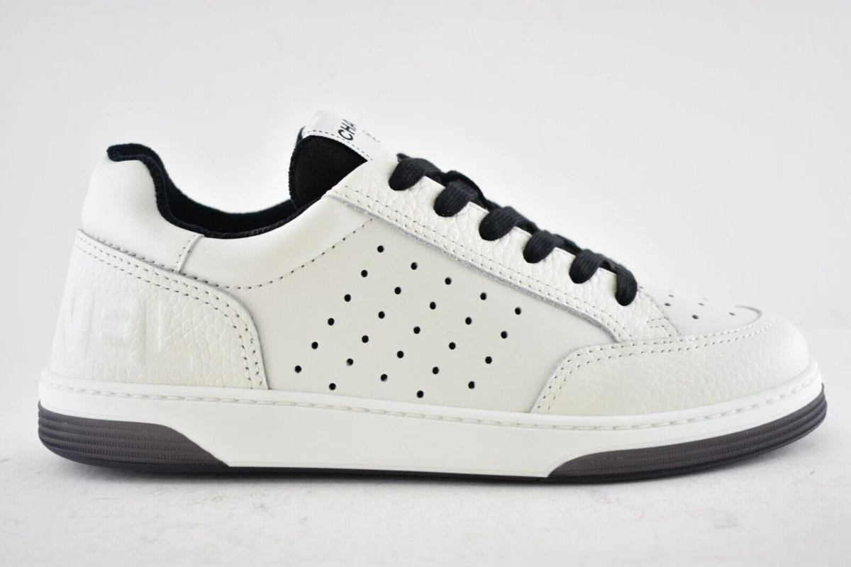 Chanel 22P White Leather Black CC Flat Lace Up Tie Runner Trainer