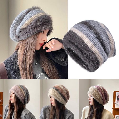 Men Women Beanie Hat Cap Striped Knit Skull Cuffed Winter Warm Slouchy Plush Cap - Picture 1 of 23