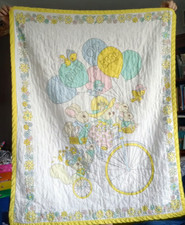 Vintage pastel baby quilt Springtime Bunny, Balloons, and Bicycles motif