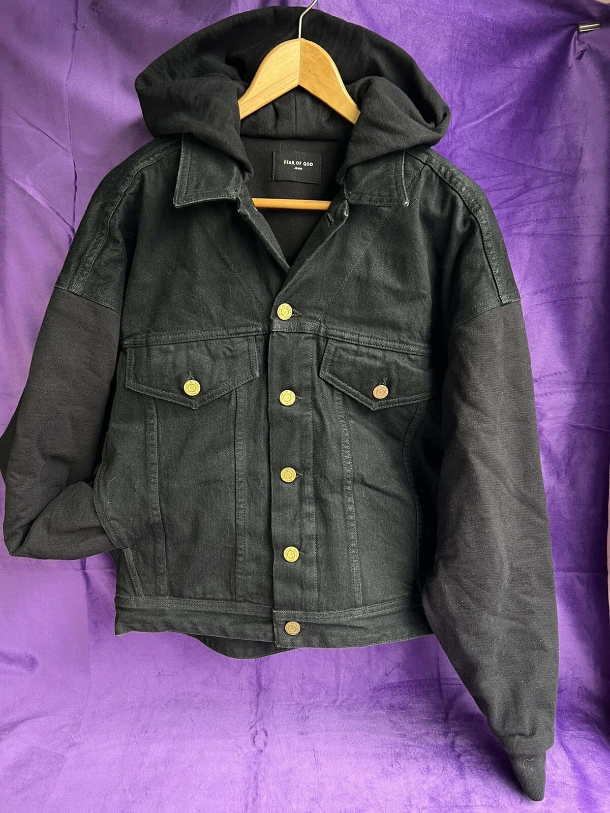 Giacca da uomo camionista con cappuccio Fear of God in denim stretch e cotone nera S