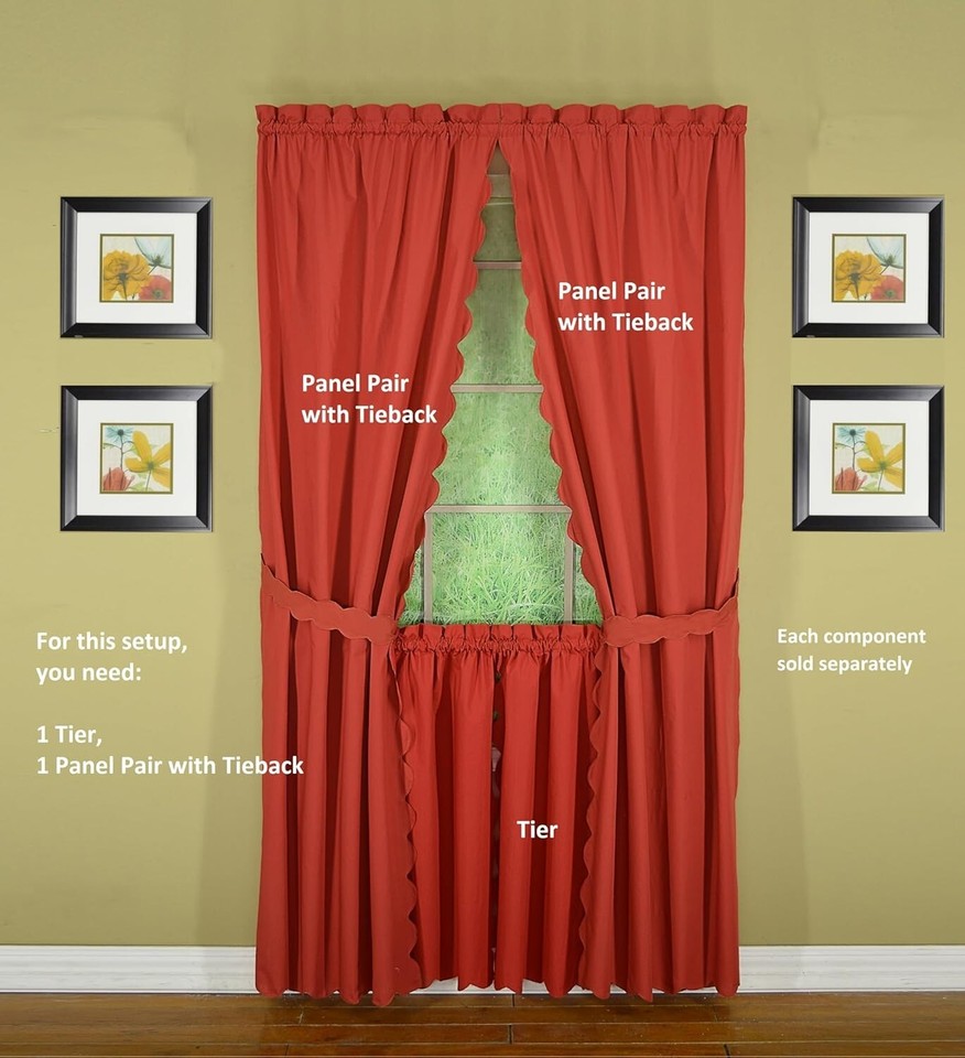 Elegant Brick Red Tier Curtains with Tiebacks, LightFiltering, Easy