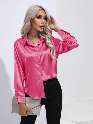 Elegant Women Satin Shirt Solid Color Long Sleeve Blouse Casual Button Down Tops - Picture 76 of 117