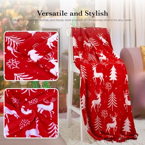 Christmas Throw Blanket - Luxurious Red Reindeer and Tree Design, Soft, Plush - Picture 6 of 7