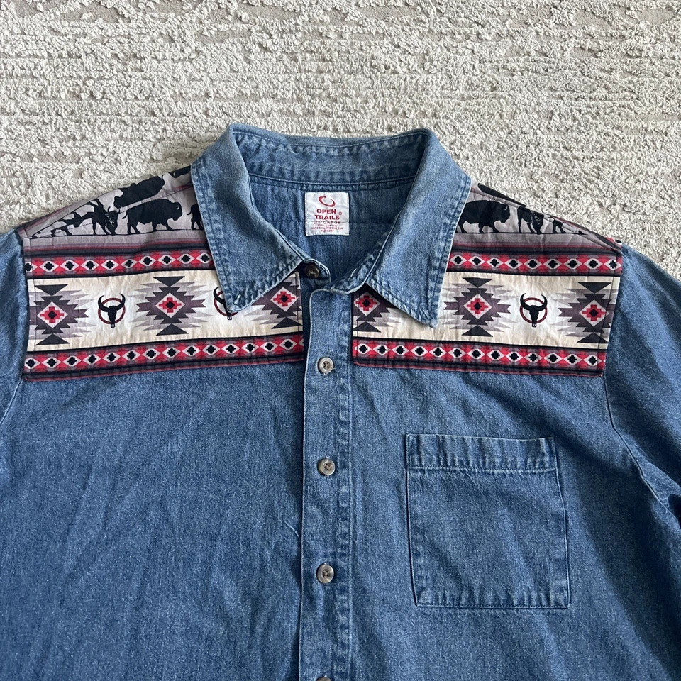 Camisa Denim Western Open Trails 2XL Vaquero Patrón Azteca Yugo Bordado Foto 3 de 4