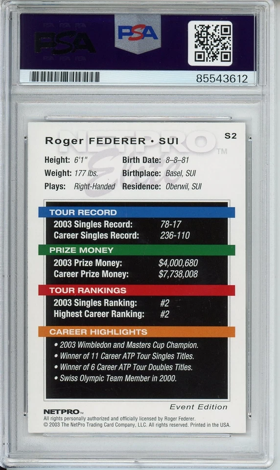 2003 NETPRO ELITE #S2 ROGER FEDERER SIGNED ROOKIE CARD PSA DNA COA AUTOGRAPH HOF - Image 2 of 2