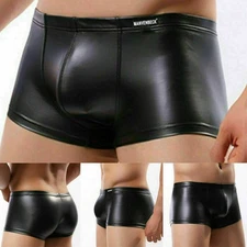 Men Sexy Boxer Briefs Wet Look Faux Leather Underwear Pouch Underpants Trunks