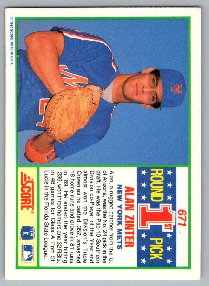1990 Score Alan Zinter Rookie New York Mets #671 - Image 2 of 2