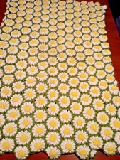 Crochet Afghan Daisy Flowers Yellow Green White 60"x88" Granny/ Cottage Core