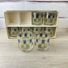 Vtg MCM Libby Nordic Glasses Blue Green Gold Rocks Juice Set 8pc Original Box!