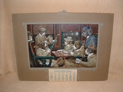1915 Original 14'' x 19'' Coolidge ''Four Aces'' Poker Dogs Salzburg Cigar Calendar