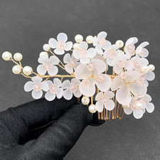 Pink Flower Side Combs Bridal Wedding Crystal Pearl Gold Hair Pin Piece Accessor