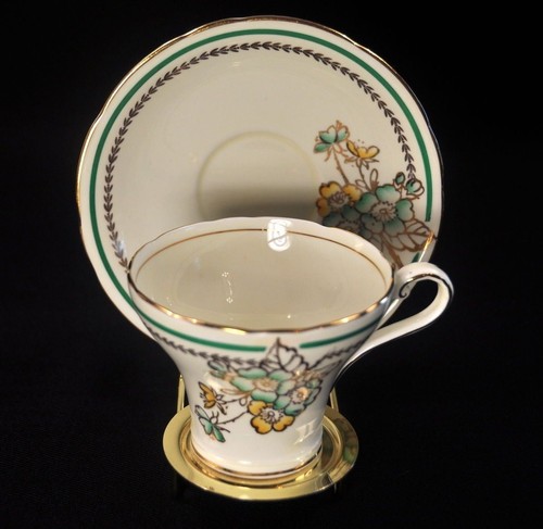 Aynsley Tasse & Untertasse handbemalt creme Korsett floral gold grüner Rand 1934-1939 - Bild 6 von 12