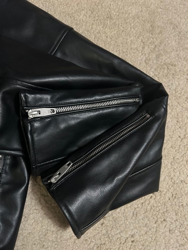 ZARA Faux Leather MOTO JACKET Men's Black White LARGE Double Rider full zip - Picture 11 of 19