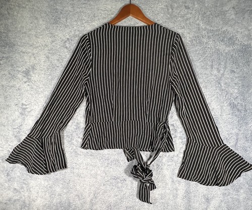 Three Dots Wrap Blouse Women's Size M Black w/ White Stripes Bell Sleeves USA - Picture 12 of 18