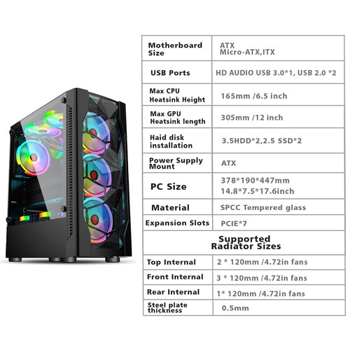 USA ATX M-ATX ITX Mid Tower Gaming Computer PC Case W/ Tempered Glass Black - Picture 2 of 5