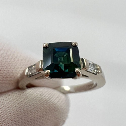 GIA Certified Untreated Asscher Sapphire Diamond 18k White Gold Three Stone Ring - Picture 4 of 10