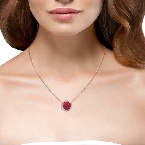 Lab Created Ruby & Natural Diamond Halo Pendant Necklace 14K Gold JP:246466 - Picture 13 of 13