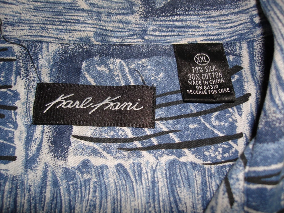 De colección. Camisa Hawaiana Años 90 Karl Kani Azul/Negro/Blanco Geo Estampado Seda/Algodón S/S 2XL Foto 3 de 4