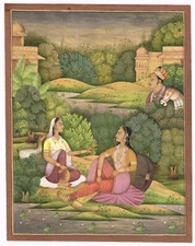 Hand Miniature Painting Of Mughal Queen In Garden With A Woman 5.5x7 Inches