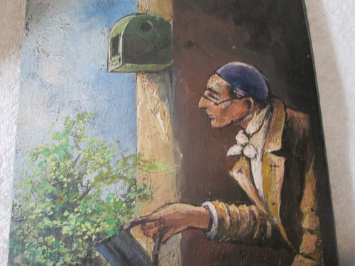 Vintage Original Painting On Wood Board Jewish Man Watering Plants - Picture 2 of 7