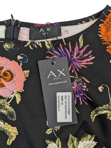 Ax Paris Black Floral Bodycon Dress, Stretch Short Sleeve Midi Dress Size 14 - Picture 7 of 9