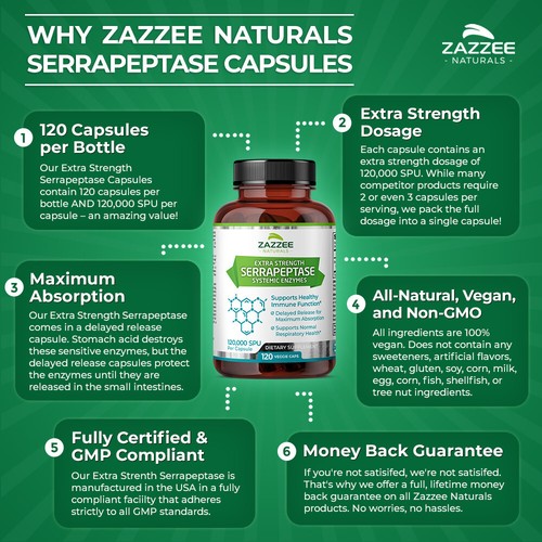 Extra Strength Serrapeptase 120,000 SPU, 120 Vegan Capsules, Delayed Release - Picture 6 of 9