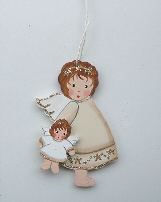 Engel mit Engelbaby Land-Art creme-gold 7cm Holz handbemalt Weihnachten 