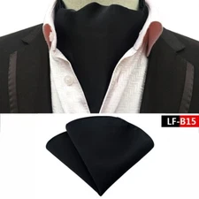 Classic Men's Ascot Cravat Tie Silk Solid Black Scarf Cravat Hanky Set