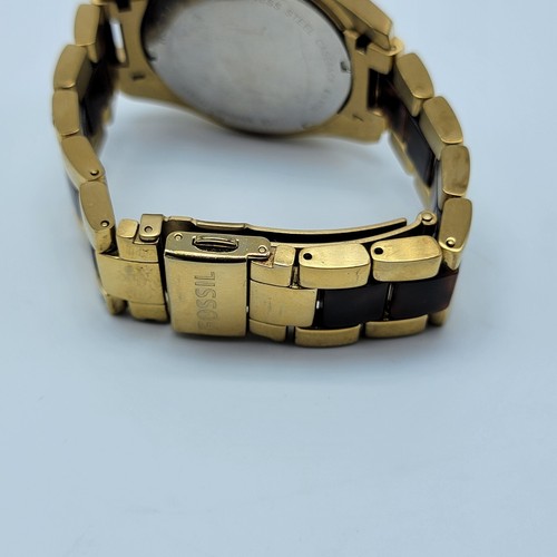 Fossil Riley Watch 37mm Gold Tone Tortoise Brown Resin Band 6.75" New Battery - Picture 5 of 16