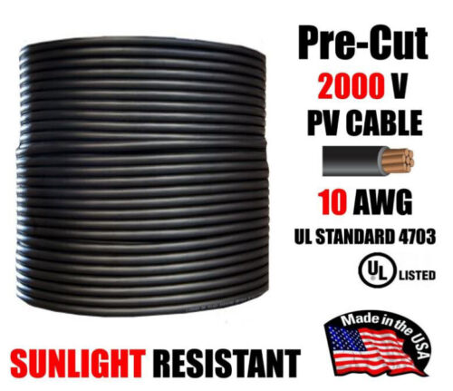 Fil photovoltaïque de jauge 10 AWG 1000/2000 volts pré-coupé 15-500 pieds installation solaire NOIR - Photo 1 sur 1