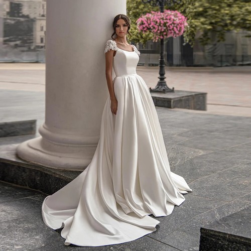 Elegant satin ball gown with floral court train and bride's cap sleeves 2025 HOT - Picture 2 of 9