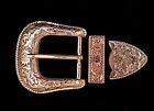 Belt Buckle Three Piece Set 1-1/2" Gold Western Floral Engraved Cowboy Leather