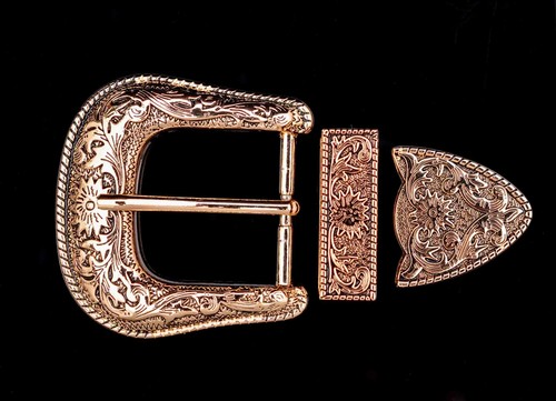 "Juego de tres piezas de hebilla de cinturón de vaquero grabado floral dorado occidental unisex de 1-1/2" - Imagen 3 de 12