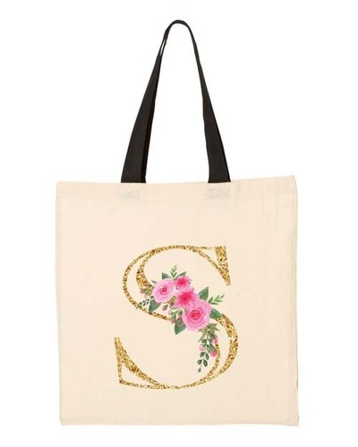 Personalized initial Tote Bag Flora Letter with Gold Alphabet Minialist Style - Picture 22 of 29
