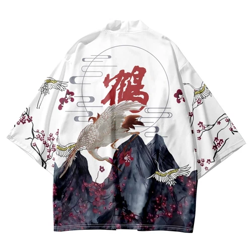 Men Japanese Kimono Outwear Loose Yukata Bathrobe Cardigan Crane Print Top - Bild 7 von 12