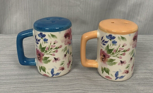 Salt & Pepper Shaker Set, Ceramic Jar Floral , Peach & Teal w/handles, 2.5" - Picture 3 of 6