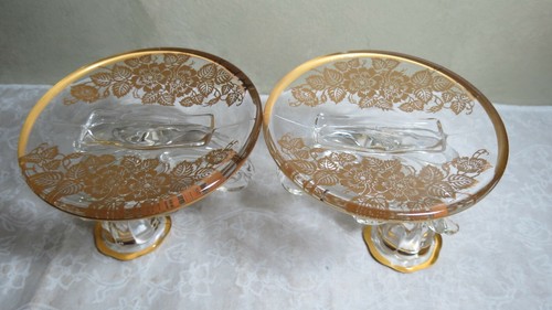 2 Fostoria Baroque #2496 4 " Candle holder w/ Silver City 22 Kt Gold Queens Rose - Picture 10 of 12