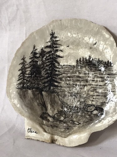 Plato de baratija firmado concha de ostra “clare” dibujo árboles lago bosque acuático - Imagen 3 de 6