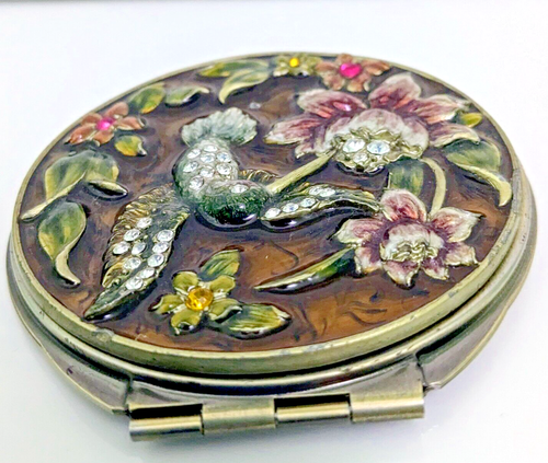 VTG Hummingbird Flower Compact Travel Double Mirror: Enamel Rhinestone Inlay,Ø3" - Picture 3 of 7