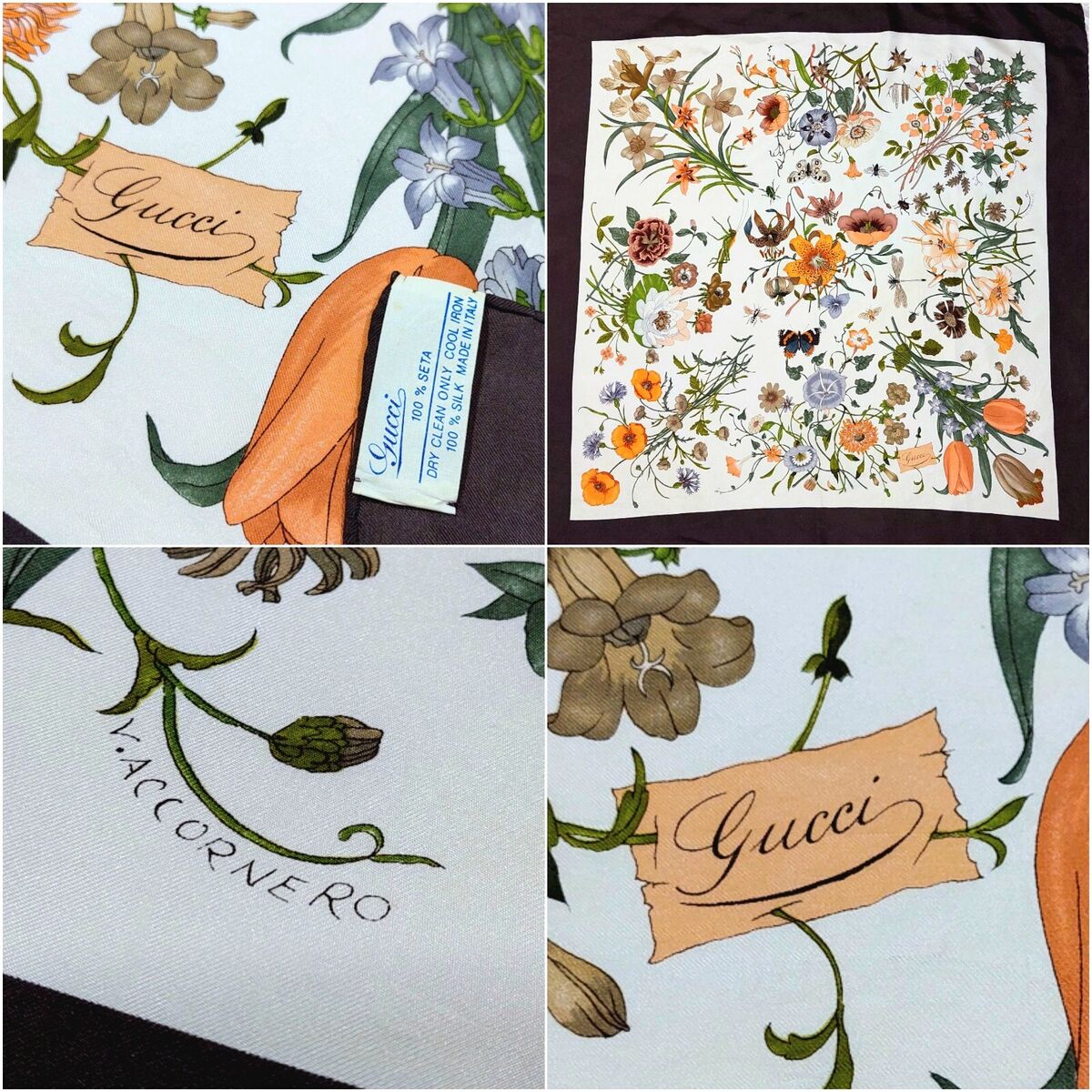 GUCCI 花柄スカーフ 約88cm×88cm V.ACCORNERO Vintage 1970s Gucci V.Accornero Flora Botanical Print brown