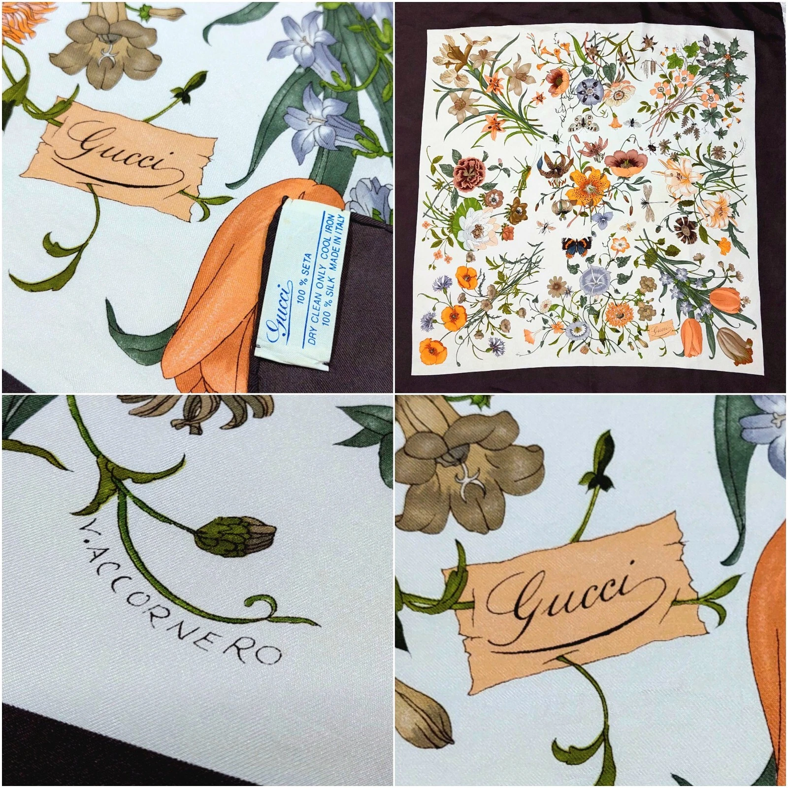 Écharpe en soie vintage années 1970 Gucci V.Accornero Flora imprimé botanique marron bordure