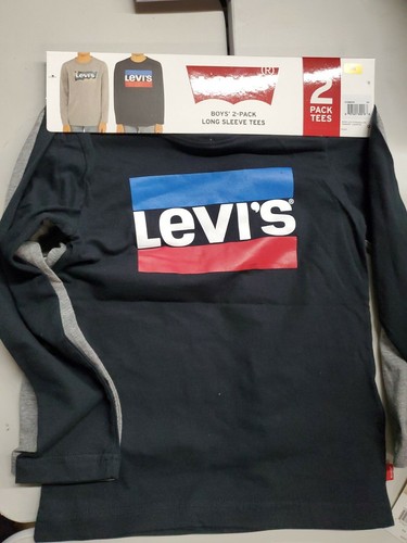 Levi Boy's Long Sleeve Logo Cotton Blend Crew Neck T-Shirt Set, Black Grey 5/6 - Picture 1 of 3