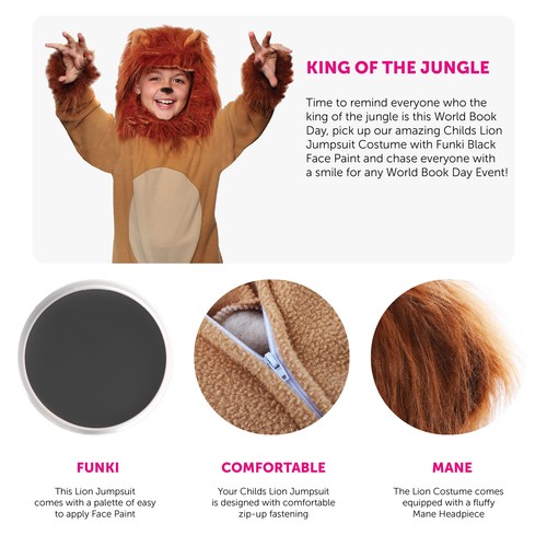 CHILD LION COSTUME & FACE PAINT KID JUNGLE BOOK CHARACTER ALL IN ONE FANCY DRESS - Picture 2 of 6