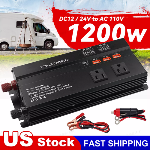 1200W Car Power Inverter DC 12V To AC 110V Pure Sine Wave Solar Converter LCD US