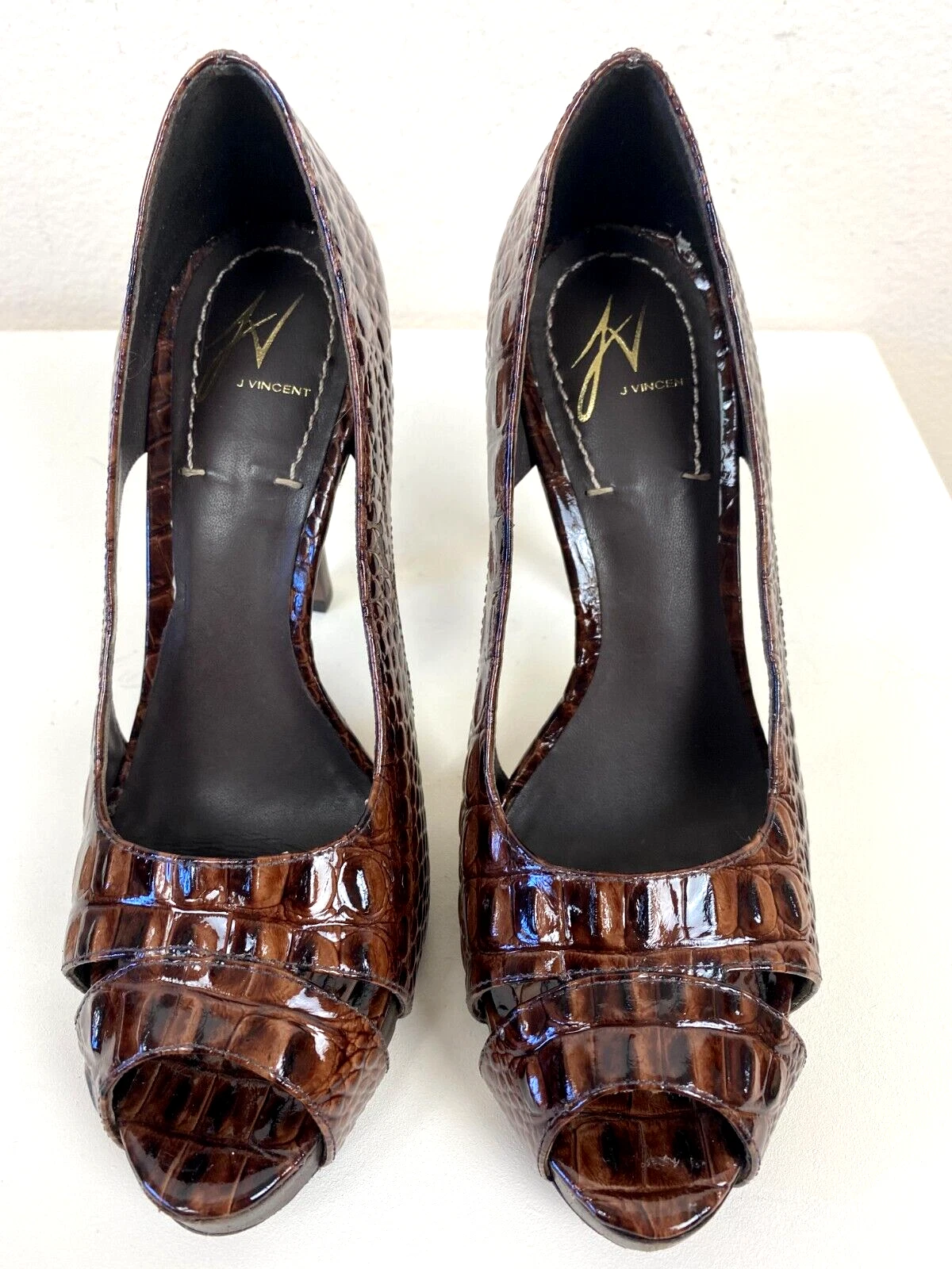 VETEMENTS Scarpe J. Vincent stiletto platform pompa 7M mogano punta aperta Biltmore finto serpente