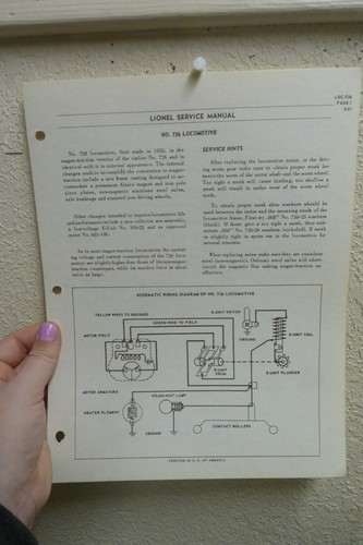 Vtg Lionel Service Manual Pages ORIG No.746 Locomotive & PL 11-59 -MBB#20 - Picture 2 of 10